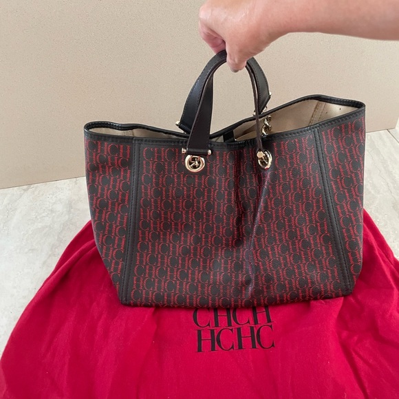 Carolina Herrera CH Monogram Red and Black Tote - Picture 1 of 7